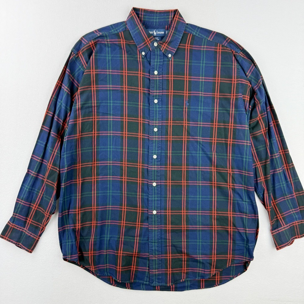 POLO Ralph Lauren Blake Shirt L Mens Blue Red Green Cotton Plaid Button Down